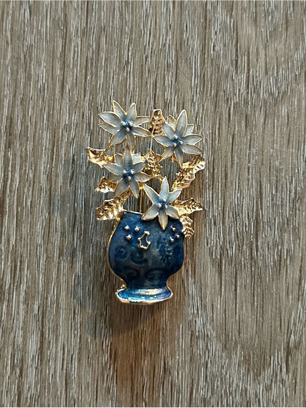 Gold Floral Vase Brooch with Blue Enamel
